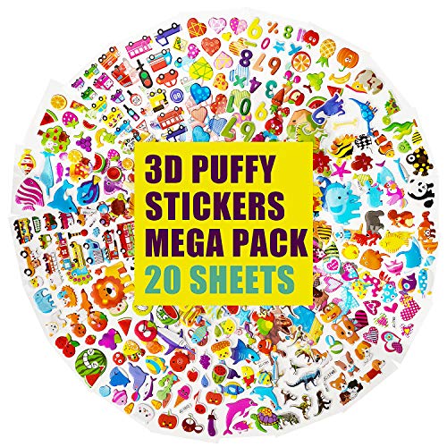 IKWOLETI Aufkleber 500 3D Sticker Set für Kinder und Kleinkinder, inkl. Dino, Tiere, Zahlen, Buchstaben, Autos und Mehr (20 Blätter) von IKWOLETI