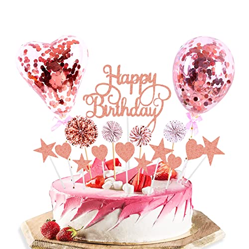 IKadiya Birthday Cake Topper, mit Herz Stern Ballon Kuchendeko, Glänzend Sternen Kuchen Aufsätze, Papierfächer Kuchen Deko für Geburtstag, für Mädchen Junge Kinder(Roségold) von IKadiya