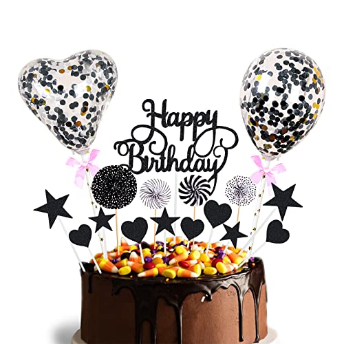 IKadiya Birthday Cake Topper, mit Herz Stern Ballon Kuchendeko, Glänzend Sternen Kuchen Aufsätze, Papierfächer Kuchen Deko für Geburtstag, für Mädchen Junge Kinder(Schwarz) von IKadiya