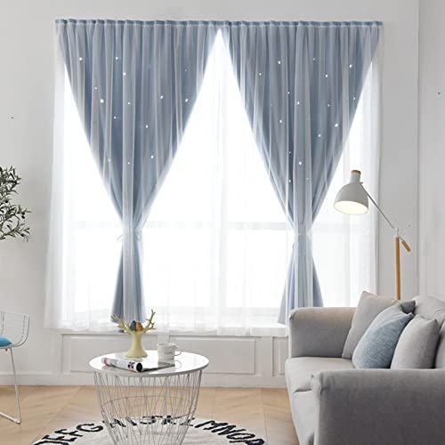 ILGUN Vorhänge, die am Fenster befestigt werden können, sternförmig, ausgehöhlt, ohne Löcher, hohe Verdunkelungsvorhänge, fertige Vorhänge (blau, 2 m B x 1 m H) von ILGUN