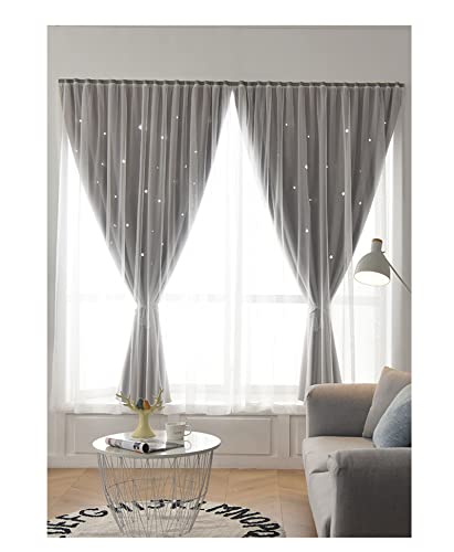 ILGUN Vorhänge, die am Fenster befestigt werden können, sternförmig, ausgehöhlt, ohne Löcher, hohe Verdunkelungsvorhänge, fertige Vorhänge (grau, 2 m B x 1,7 m H) von ILGUN