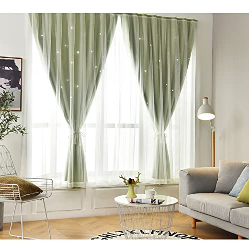 ILGUN Vorhänge, die am Fenster befestigt werden können, sternförmig, ausgehöhlt, ohne Löcher, hohe Verdunkelungsvorhänge, fertige Vorhänge (grün, 2 m B x 1 m H) von ILGUN