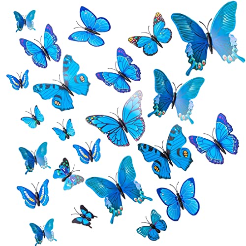 24 Stück 3D Schmetterlinge Deko Schmetterling Wanddeko 3D Schmetterlinge Aufkleber Dekorationen (Blau) von ILLUVA