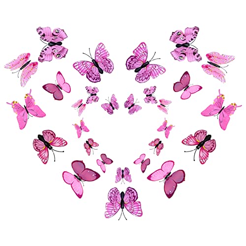 24 Stück 3D Schmetterlinge Deko Schmetterling Wanddeko 3D Schmetterlinge Aufkleber Dekorationen (Rosa) von ILLUVA