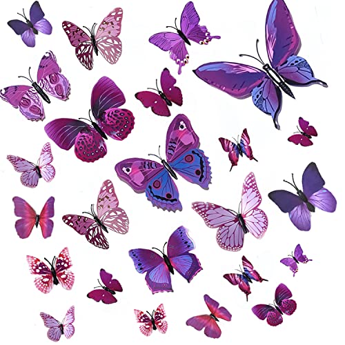 24 Stück 3D Schmetterlinge Deko Schmetterling Wanddeko 3D Schmetterlinge Aufkleber Dekorationen (Violett) von ILLUVA