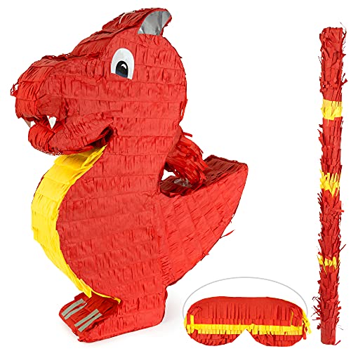 ILP Pinata Drache zum Befüllen - Drachen Pinata Set mit Pinata Stock und Maske - 50 x 40 x 10 cm - Roter Drache Pinata Geburtstag Junge Mädchen - Drachen Deko Kindergeburtstag - Piñatas von ILP GMBH I LOVE PRODUCTS