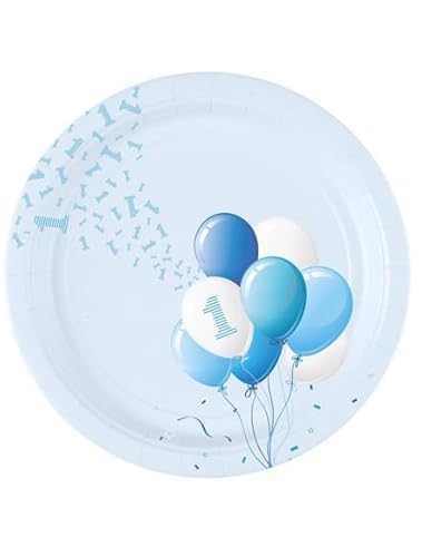 Pappteller Durchmesser 23 cm 1 Geburtstag Luftballons hellblau von ILS I LOVE SHOPPING