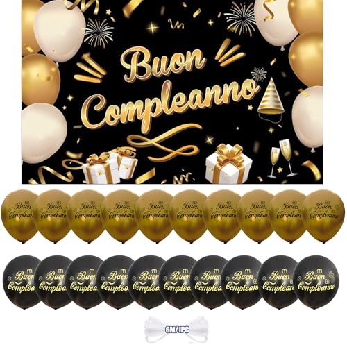 ®️ IM INFINITE MARKET | Happy Birthday Banner 110 x 180 cm + 20 Luftballons mit italienischer Aufschrift "Happy Birthday" zum Aufhängen | Geburtstagsballons | Geburtstagsdekoration (Schwarzgold) von IM INFINITE MARKET