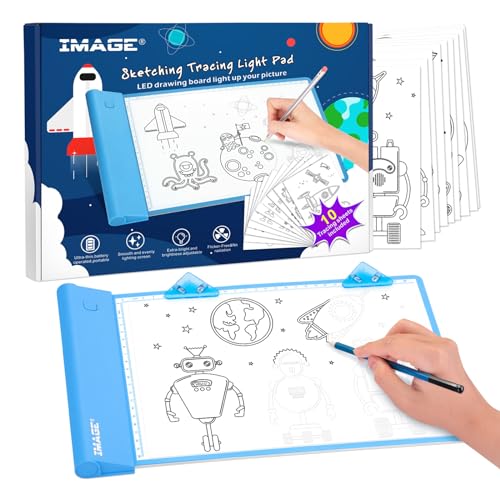 IMAGE A4 Leuchttisch, einstellbarer Helligkeit Leuchttafel Kabellos Farbtafel für Kinder, leuchtkasten mit 10 verfolgbare Bilder, Geschenk und Spielzeug für Kinder, Blau von IMAGE