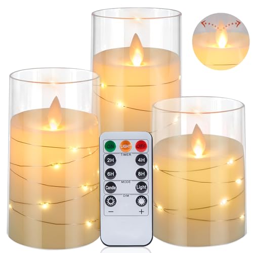 IMAGE Flackernde flammenlose Kerzen Batteriebetrieben, Acryl Shell Pillar LED-Kerzen mit 11-Tasten-Fernbedienung Timer für Hochzeit Weihnachten Home Decor Set von 3 (D3 in X H4 5 6 in), Elfenbeiweiß von IMAGE