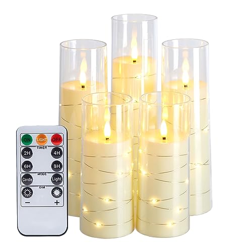 IMAGE Flackernde flammenlose Kerzen batteriebetrieben, Acryl Shell Pillar 3D Docht LED-Kerzen Timer für Hochzeit Weihnachten Home Decor Set von 5 (D2,3 in X H5 5 7 7 8 in), Elfenbeinweiß von IMAGE