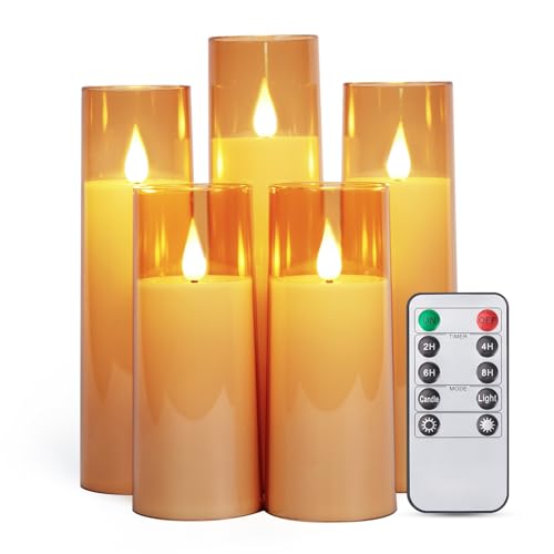 IMAGE Flackernde flammenlose Kerzen batteriebetrieben, Acryl Shell Pillar 3D Docht LED-Kerzen mit 10-Tasten-Fernbedienung Timer für Hochzeit Weihnachten Set von 5 (D2,3 in X H5 5 7 7 8 in), Gold von IMAGE