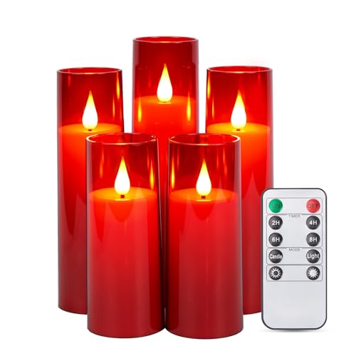 IMAGE Flackernde flammenlose Kerzen batteriebetrieben, Acryl Shell Pillar 3D Docht LED-Kerzen mit 10-Tasten-Fernbedienung Timer für Hochzeit Weihnachten Set von 5 (D2,3 in X H5 5 7 7 8 in), rot von IMAGE