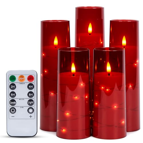 IMAGE Flackernde flammenlose Kerzen batteriebetrieben, Acryl Shell Pillar 3D Docht LED-Kerzen mit 11-Tasten-Fernbedienung Timer für Hochzeit Weihnachten Set von 5 (D2,3 in X H5 5 7 7 8 in), rot von IMAGE