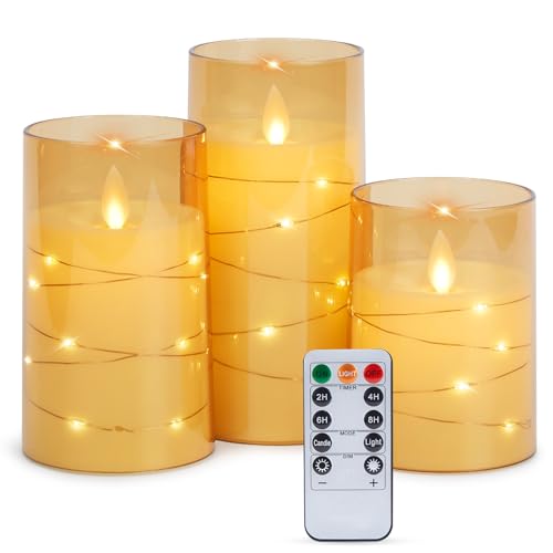 IMAGE Flackernde flammenlose Kerzen batteriebetrieben, Acryl Shell Pillar 3D Swaying Docht LED-Kerzen mit 11-Tasten-Fernbedienung Timer für Hochzeit Weihnachten Set von 3 (D3 in X H4 5 6 in), Gold von IMAGE