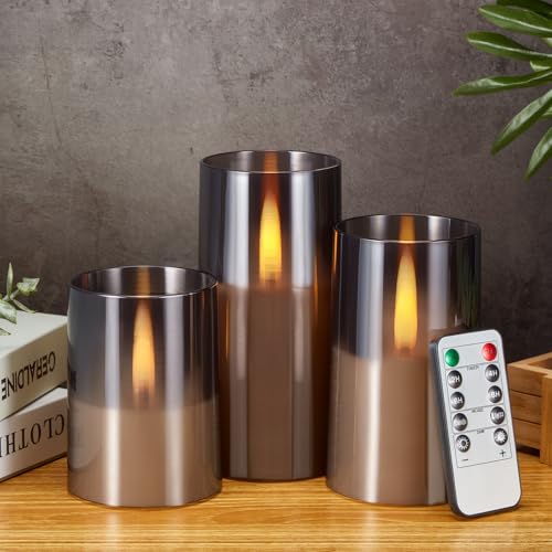 IMAGE flammenlose LED Kerzen mit springenden warmen gelben Flammen, Upgraded flackernde led kerzen Set batteriebetrieben mit Fernbedienung Timer, 3 Größe Acryl-Kerzen (D 3„ x H 4“ 5„ 6“), Grau von IMAGE