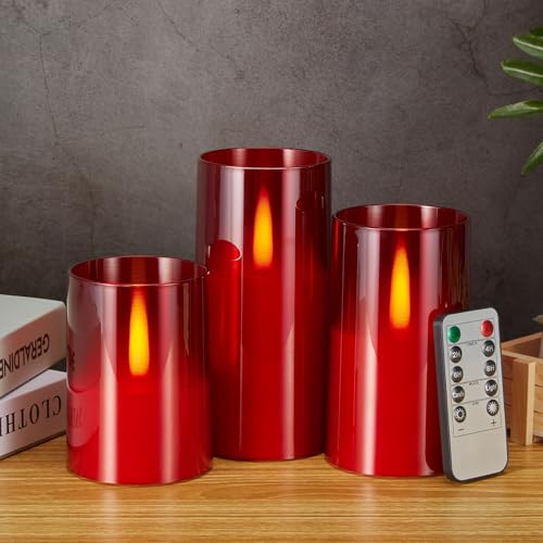 IMAGE flammenlose LED Kerzen mit springenden warmen gelben Flammen, Upgraded flackernde led kerzen Set batteriebetrieben mit Fernbedienung Timer, 3 Größe Acryl-Kerzen (D 3„ x H 4“ 5„ 6“), Rot von IMAGE