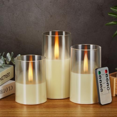 IMAGE flammenlose LED Kerzen mit springenden warmen gelben Flammen, Upgraded flackernde led kerzen Set batteriebetrieben mit Fernbedienung Timer, 3 Größe Acryl-Kerzen (D 3„ x H 4“ 5„ 6“), Weiß von IMAGE