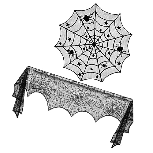 IMIKEYA 2 Stück Halloween Tischdecke aus Spitze mit Schwarzem Spinnennetzmuster und Wiederverwendbar Schmutzabweisend Langlebig für Kamin und Runde Tische Halloween Deko von IMIKEYA