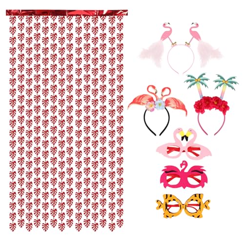IMIKEYA Hawaiianische Luau-Partydekorationen Vorhänge Aus Roten Palmblättern Lametta-Vorhang Neuheit Flamingo-Stirnband Sonnenbrille Tropische Anzieh-Requisiten Für Tropische Sommerpartys von IMIKEYA