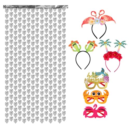IMIKEYA Luau Fotokabinen-Requisiten Hawaiianische Tropische Party-Dekorationen 3 Stirnbänder 3 Sonnenbrillen 1 Vorhang für Sommer-Pool-Partygeschenke von IMIKEYA