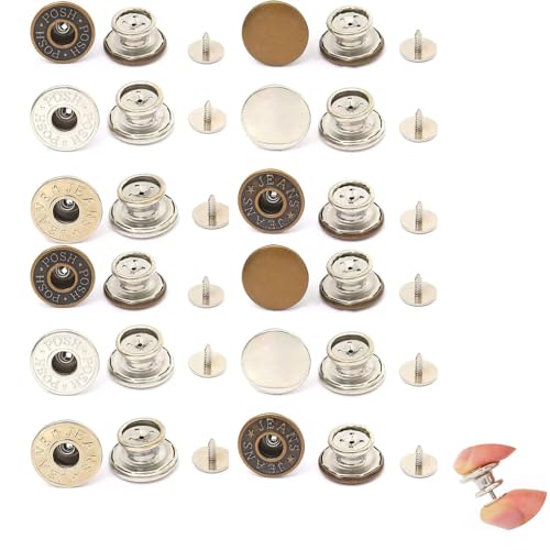 12 Sets Knöpfe zum Nähen von Metall-Jeans, kein Nähen und kein Werkzeug, sofortiger Ersatz, Hosenknopf, wiederverwendbar und verstellbar, Metall-Hosenspanner von IMNTHO