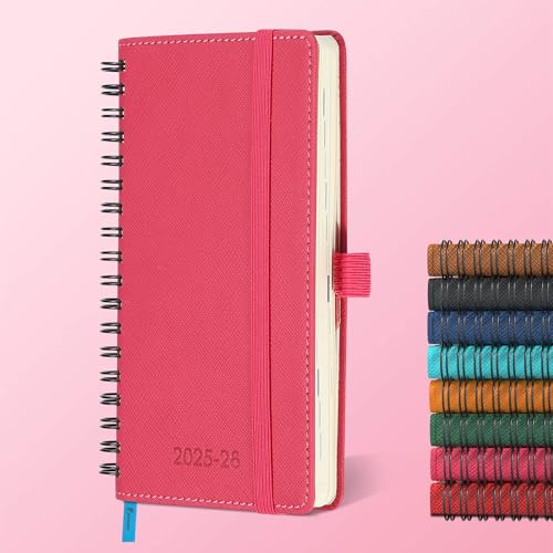 IN-LUXPRO Kalender 2025 2026 Wochenplaner,A6(16.6 x 9.7cm),18-Monate Buchkalender (Jul.2025-Dez.2026) Ringbuch mit Softcover,wochenkalender mit selbstklebendem Stifthalter,Rosenrot. von IN-LUXPRO