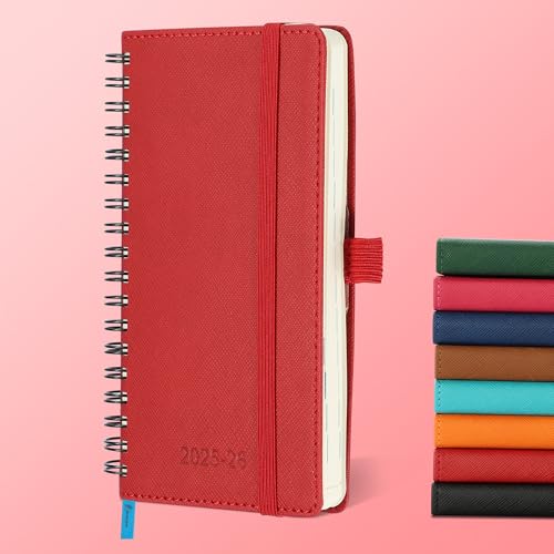 IN-LUXPRO Kalender 2025 2026 Wochenplaner,A6(16.6 x 9.7cm),18-Monate Buchkalender (Jul.2025-Dez.2026) Ringbuch mit Softcover,wochenkalender mit selbstklebendem Stifthalter,Rot. von IN-LUXPRO