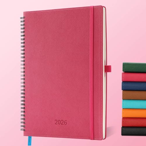 IN-LUXPRO Kalender 2026: A4 Ringbuch Buchkalender 29x21.7 cm Terminplaner 2026 Wochenplaner,12-Monate (Jan.- Dez.) mit 100 g/m² Papier Planer & Taschenkalender mit PU-Leder Rosenrot von IN-LUXPRO