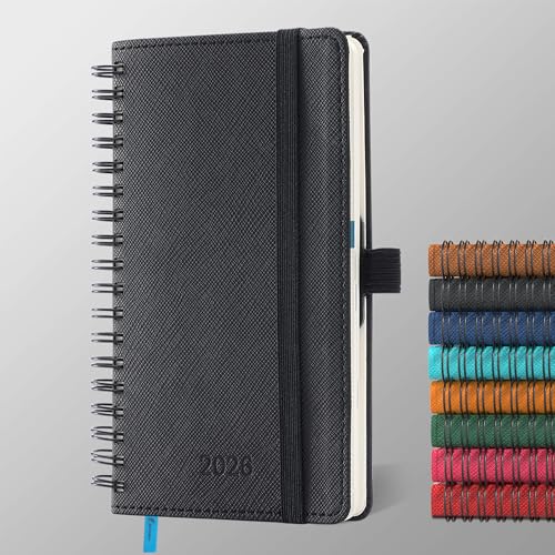 IN-LUXPRO Kalender 2026: A6 Ringbuch Buchkalender 16.4x9.6 cm Terminplaner 2026 Wochenplaner,12-Monate (Jan.- Dez.) mit 100 g/m² Papier Planer & Taschenkalender mit PU-Leder Schwarz von IN-LUXPRO