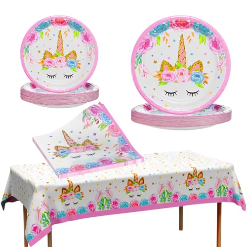 Einhorn Geburtstagsdeko Partygeschirr Set 49 Stück Einhorn Deko Kindergeburtstag Einhorns Pappteller Servietten Geburtstag Geschirr für Party Supplies Babyshower Mädchen von INCNMAD