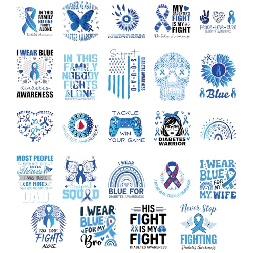 Diabetes Bewusstsein DTF Transfers Ready to Press – 24 Blatt blaues Band Bügelbilder Diabetes Regenbogen Heat Decals Patches Aufkleber für Hoodie, Jeans, Tasche, Kissenbezüge, DIY-Dekoration von INCOK