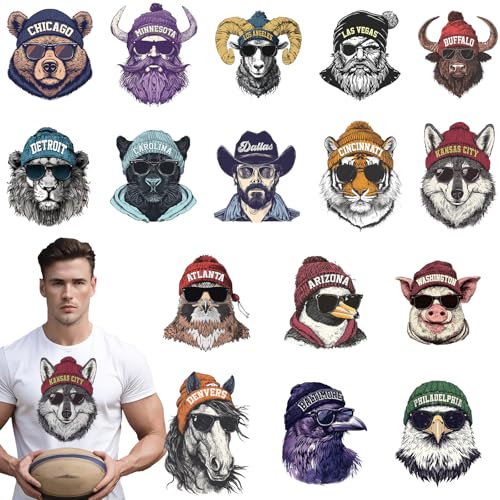Fußball-Maskottchen-Bügelbilder für T-Shirt – 16 Blatt DTF Transfers mit Tiermotiven, bereit zum Drücken, Bär, Löwe, Wolf, Kuh, Hitze, Vinyl-Aufkleber, zum Aufbügeln, für Kleidung, Hoodie, Tasche, DIY von INCOK