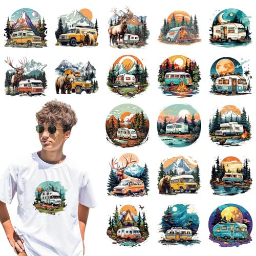 INCOK Adventure DTF Transfers Ready to Press – 20 Blatt Camping Bügelbilder Bergwald Vinyl Design Patches für T Shirt Kleidung Jacke Kissen Tasche DIY Kostüm Dekorationen von INCOK