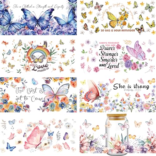 INCOK Aufkleber zum Aufkleben zum Basteln, 8 Bögen, Schmetterling, Aquarell, Blumen, UV-DTF, Glas-Tassen-Aufkleber für Wasserkelch, bunte Blumen, motivierende Zitate, Tassenverpackung, kreative von INCOK