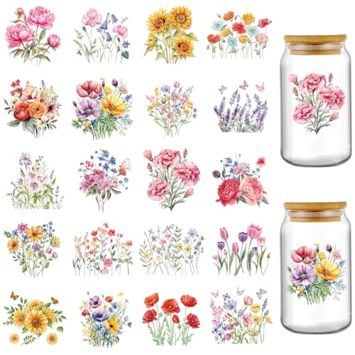INCOK Aufkleber zum Aufreiben für Bastelarbeiten, 20 Blatt UV-DTF-Glasbecher für 473 ml Becher, Sonnenblume, Lavendel, Blumenaufkleber, zum Aufreiben auf Kaffeetasse, Aufkleber, DIY, ästhetisches von INCOK