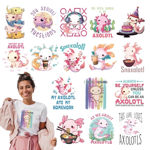 INCOK Axolotl Bügelbilder für Kleidung – 24 Blatt rosa niedliche Tier-DTF-Transfers Wärme bereit zum Drücken, lustige Bügelbilder, Vinyl-Design für T-Shirt, Hut, Kissen, Tasche, DIY Handwerk Kostüm von INCOK