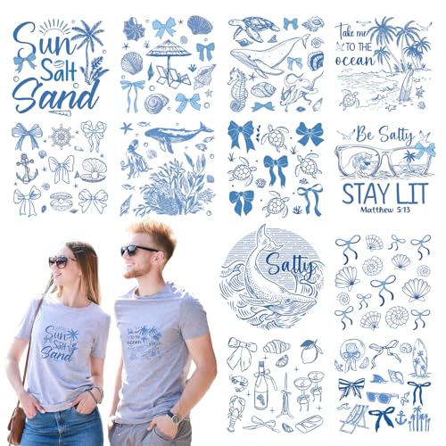 INCOK Blaue Schleife zum Aufbügeln – 12 Blatt Coquettee DTF Transfers fertig zum Drücken, Sommer-Muschel-Muschel-Muschel-, Fisch-, Vinyl-Design für Mädchen, T-Shirts, Kleidung, Jacken, Hüte, Taschen von INCOK