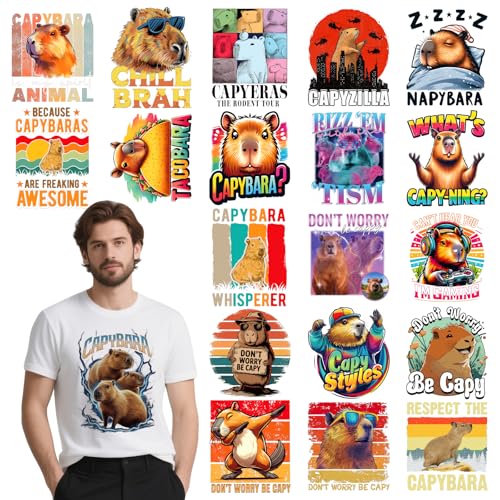 INCOK Capybara Bügelbilder – 20 Stück lustige Tier-DTF-Übertragungen, bereit zum Drücken, humorvolle Zitate, zum Aufbügeln, Vinyl-Design für Hoodie, Rucksäcke, Hut, Jeans, Basteldekoration von INCOK