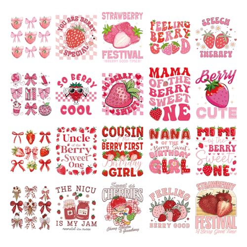 INCOK Erdbeer-Bügelbilder für T-Shirts – 20 Stück rosa Schleife, DTF Transfers zum Drücken, Kokette, zum Aufbügeln, Aufkleber für Kleidung, Hoodie, Tasche, Rucksäcke, Hut, DIY, Kostüm-Dekoration von INCOK