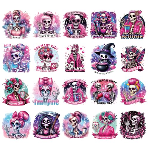 INCOK Funny Skull Bügelbilder – 20 Blatt rosa Snarky Skelett DTF Transfers Ready to Press Iron on Decals Patches für Taschen, Jeans, T-Shirts, Kissenbezüge, DIY-Dekorationen von INCOK