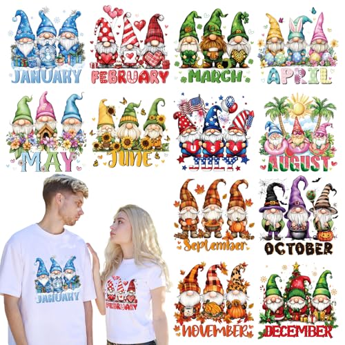 INCOK Gnome Bügelbilder für T-Shirts – 12 Blatt verschiedene Jahreszeiten, DTF Transfers bereit zum Drücken, 12 Monate Muster zum Aufbügeln Aufkleber für Kleidung, Jacke, Kapuzenpullover, Kissen, DIY von INCOK