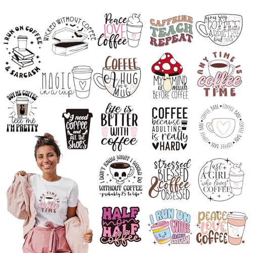 INCOK Kaffee-Bügelbilder – 20 Blatt lustige Totenkopf-DTF-Transfers, bereit zum Drücken, bunte Pilz-Aufkleber, Vinyl-Design für Kleidung, T-Shirts, Kapuzenpullover, Kissen, DIY Handwerk von INCOK