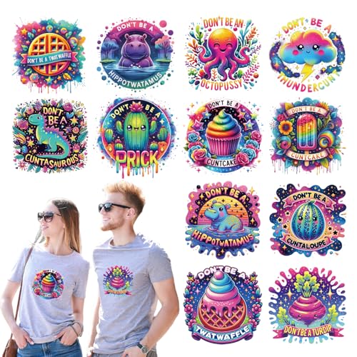 INCOK Lustige Bügelbilder für T-Shirts – 12 Blatt Humor Erwachsene DTF Transfers bereit zum Drücken von Nilpferd, Cupcakes, Kaktus, Oktopus, Vinyl-Design-Aufkleber für Kleidung, Jacke, Kissen von INCOK