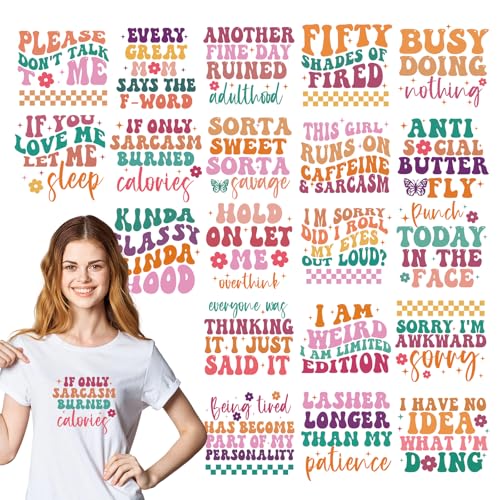 INCOK Lustige Bügelbilder für T-Shirts – 18 Blatt bunte Humor-Zitate, DTF-Transfers, bereit zum Aufbügeln, Vinyl-Design-Aufkleber für Kleidung, Jacke, Kissen, DIY-Kostüm-Dekorationen von INCOK