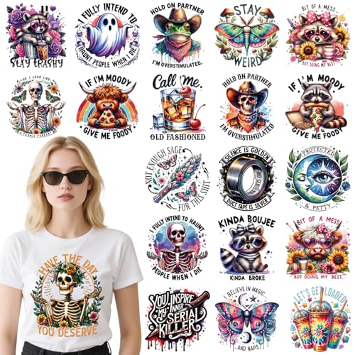 INCOK Lustige Bügelbilder für T-Shirts – 20 Blatt Humor Zitate DTF Transfers Ready to Press Cute Animal Iron on Decals Vinyl Design für Kleidung Jacke Hut Tasche DIY Kostüm Dekorationen von INCOK