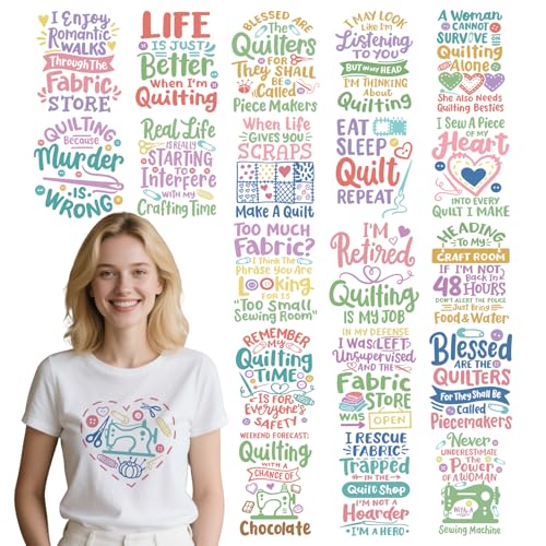 INCOK Lustige Quilt-Bügelbilder – 20 Stück DTF-Transfers zum Drücken, bereit zum Drücken, für T-Shirts, humorvolle Zitate, zum Aufbügeln, Aufkleber für Nähliebhaber, DIY, Hoodie, Tasche, Kleid, Hut von INCOK