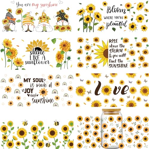 INCOK Reiben Sie auf Transfers zum Basteln – 8 Blatt Sonnenblumen-inspirierende Zitate UV-DTF-Transfer-Aufkleber für 473 ml Glasbecher, Blumenstrauß, Bienen-Designs, Wasserkelch, Warps, Aufkleber, DIY von INCOK