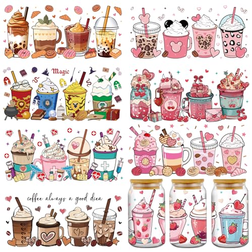INCOK Rub-on-Aufkleber zum Basteln – 8 Blatt Kaffee-Getränke-Transfer-Aufkleber für 473 ml Wasserkelch, Erdbeere, Milch, Tee, rosa Kirschschleifen, UV-DTF-Glasband, Geschenk, dekorative Aufkleber von INCOK
