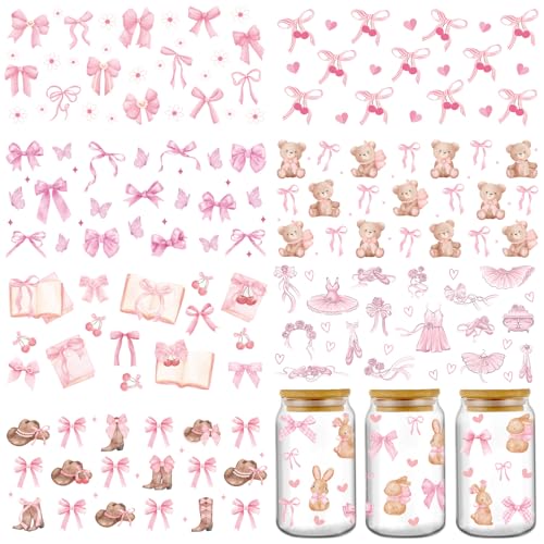 INCOK Rub-on-Aufkleber zum Basteln – 8 Bögen, kokettfarbene rosa Schleifen-Aufkleber für 473 ml Glas, weiches Kaninchenbär-Muster, UVDTF-Cup-Wrap-Aufkleber, handgefertigtes Urlaubsgeschenk, süßes INCOK Rub-on-Aufkleber zum Basteln – 8 Bögen, kokettfarbene rosa Schleifen-Aufkleber für 473 ml Glas, weiches Kaninchenbär-Muster, UVDTF-Cup-Wrap-Aufkleber, handgefertigtes Urlaubsgeschenk, süßes von INCOK